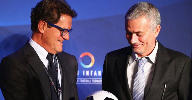 Fabio Capello berfoto bersama Jose Mourinho saat pelantikan Gianni Infantino sebagai presiden FIFA